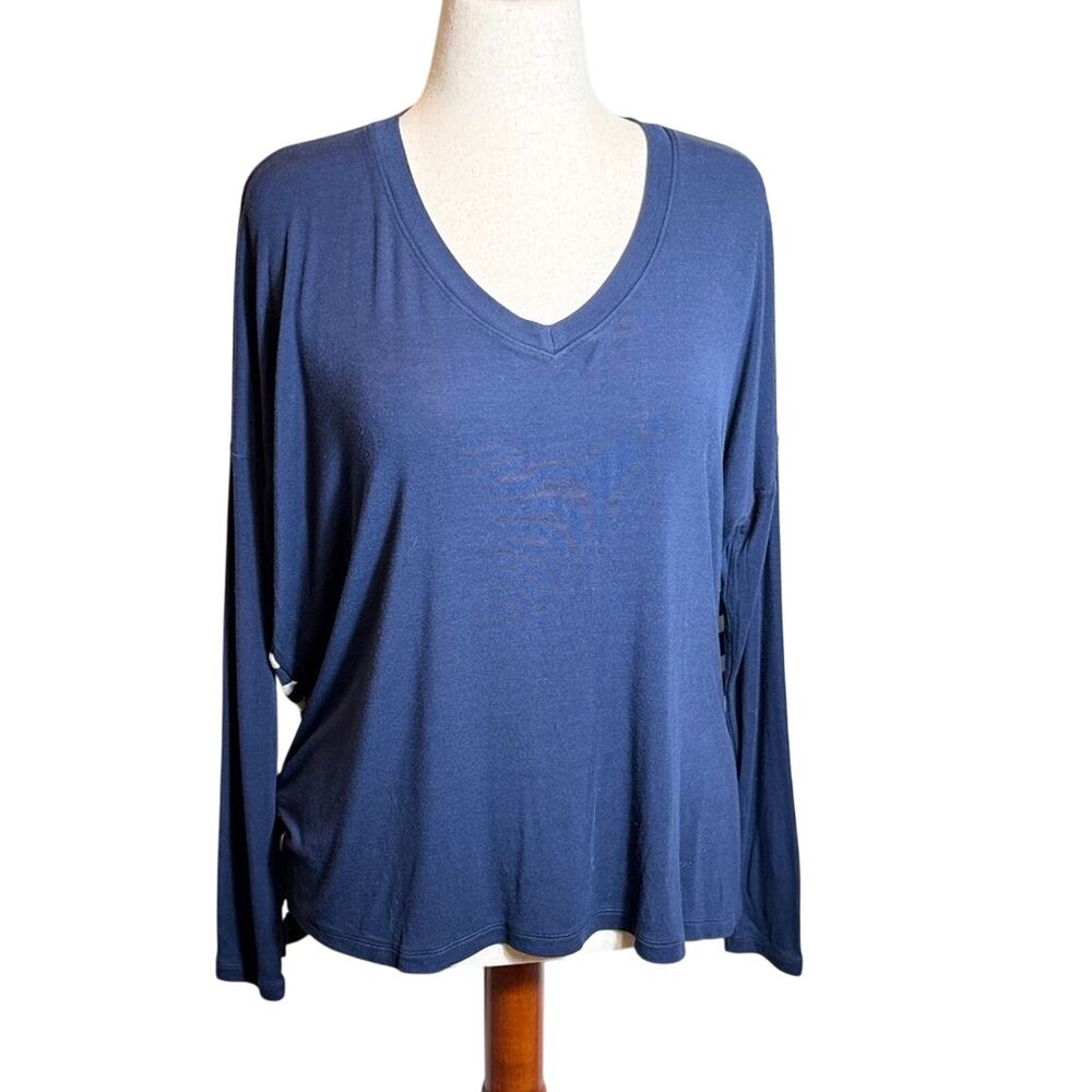 CAbi Lighthouse Tee navy & white long sleeve striped high low top blouse Sz M